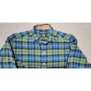 Ralph Lauren Green Blue Plaid Button Down Shirt Long Sleeve Size XL